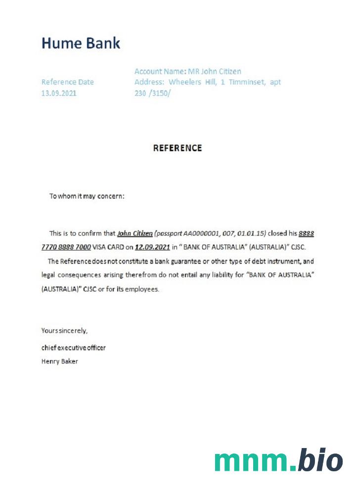 Przykład odniesienia do zamknięcia Australii Hume w formatach Word i PDF